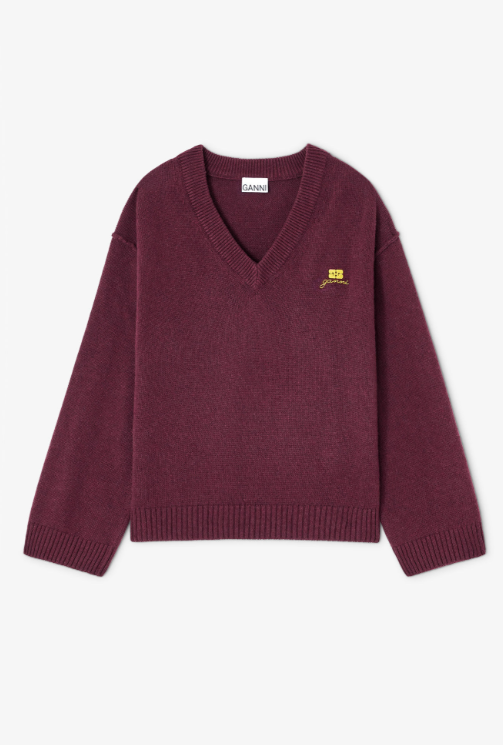 Jersey de cuello en V de mezcla de lana burdeos